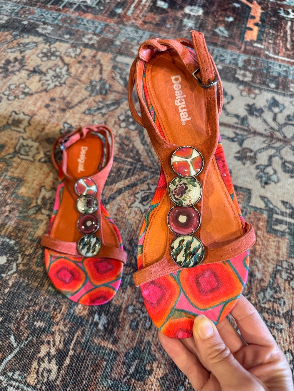 Desigual Women's Orange Multicolor Patterned Sandals with Decorative Stones